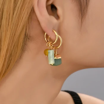 Fashion Geometrinis žalias natūralaus akmens pakabukas Pakabinami auskarai moterims Aukso spalvos nerūdijančio plieno ausų sagtis Huggies - Nuotrauka 1  