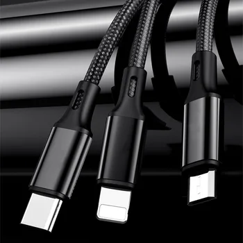 Trys viename USB C tipo kabelio įkrovimo laidas nailono pynė universalus įkrovimo duomenų kabelis mobilusis telefonas, skirtas iPhone 14 Xiaomi Huawei - Nuotrauka 1  