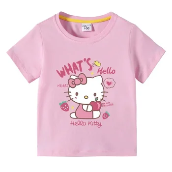 Little Girl Anime Hello Kitty Sanrio marškinėliai, laisvalaikio šiek tiek ištemptas kvėpuojantis trišakis, vaikų mergaičių drabužiai lauke - Nuotrauka 1  