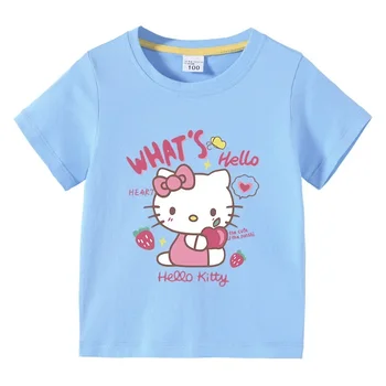 Little Girl Anime Hello Kitty Sanrio marškinėliai, laisvalaikio šiek tiek ištemptas kvėpuojantis trišakis, vaikų mergaičių drabužiai lauke - Nuotrauka 2  