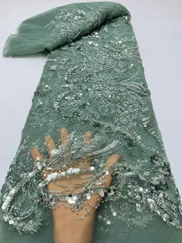 Afrikos blizgučių nėrinių audinys 2024 Aukštos kokybės siuvinėjimo rankų darbo sekos karoliukais nėrinių audinys nuotakos suknelės medžiagai - Nuotrauka 1  