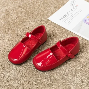 2023 Pavasaris Nauji vaikiški minkšti pado vienviečiai batai Mergaičių kvadratinė galva Juoda oda Maži raudoni batai Vaikiški batai - Nuotrauka 2  