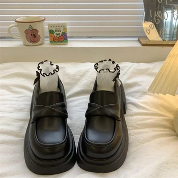 Storio pado maži odiniai batai moterims 2023 m. pavasario tortas Prancūziški retro angliško stiliaus loaferiai, vienos kojos viengubas batas - Nuotrauka 2  