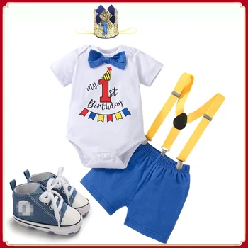 Baby Boy Drabužių komplektas Pirmojo gimtadienio pakaba Mėlynas trumpas baltas romperis naujagimio kūdikio košės torto apranga Fotografija Apranga - Nuotrauka 1  