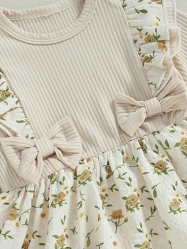 Baby Girls Winter Knit Sweater Dress Ilgomis rankovėmis Ruffle Floweral Patchwork Princess Drabužiai su galvos juosta - Nuotrauka 2  