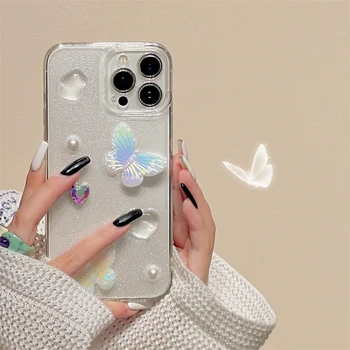 Glitter Epoxy 3D Pearl Crystal Clear Phone Case for Iphone 14 13 12 11 Pro Max Luxury Butterfly Cover Girl Love Heart Soft Shell - Nuotrauka 1  