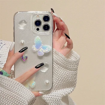 Glitter Epoxy 3D Pearl Crystal Clear Phone Case for Iphone 14 13 12 11 Pro Max Luxury Butterfly Cover Girl Love Heart Soft Shell - Nuotrauka 2  