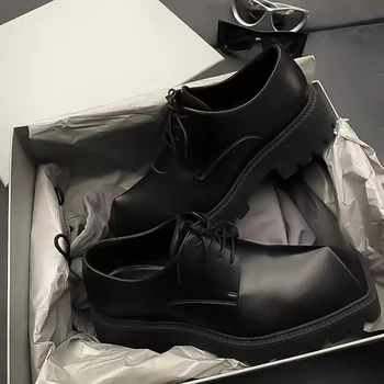 Unisex Square Toe Pumps Women Black Genuine Leather Thick Sole Platform Shoes Woman High Heels Women Vyriški moteriški Derbio batai - Nuotrauka 2  