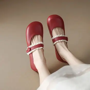 Nauji moteriški plokšti batai Nėriniai Mary Jane batai Apvalus pirštas Lolitos batai Raudoni ir balti raukiniai kraštai PU odiniai batai Pavasaris ir ruduo - Nuotrauka 1  