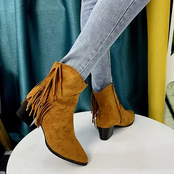 Karšta pardavimo tendencija Smailūs moteriški batai 2023 Karštai parduodami kutai Vakarų retro storakulniai zomšiniai trumpi batai moterims - Nuotrauka 2  
