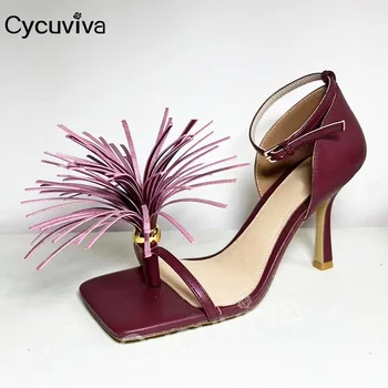 2023 Naujos tikros odos aukštakulnių gladiatorių sandalai Moterys Vasaros dizainerio prekės ženklo vakarėlių batai Kvadratas Atviras pirštas Sandalias Mujer - Nuotrauka 1  