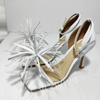2023 Naujos tikros odos aukštakulnių gladiatorių sandalai Moterys Vasaros dizainerio prekės ženklo vakarėlių batai Kvadratas Atviras pirštas Sandalias Mujer - Nuotrauka 2  