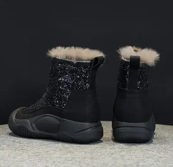6CM Aukščiausios kokybės natūralios odos aukštakulniai pliušiniai batai Moteriški trumpi bateliai Mada Universalūs sniego batai Platforma Moterų žiema - Nuotrauka 2  