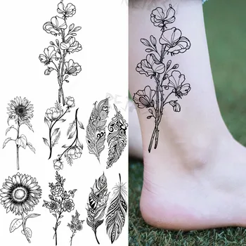 3D Juodos prakaito pėdos Laikinos tatuiruotės moterims Suaugusiųjų plunksna Saulėgrąžų realistinė netikra tatuiruotė Plaunama dekoravimo Tatoo popierius - Nuotrauka 1  