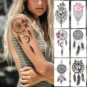 Dreamcatcher Netikra laikina tatuiruotė vaikams Moterys Juodos Henna Lotoso gėlės Tatuiruotės Vilko kompaso plunksna Tatoos Kūno rankos krūtinė - Nuotrauka 1  