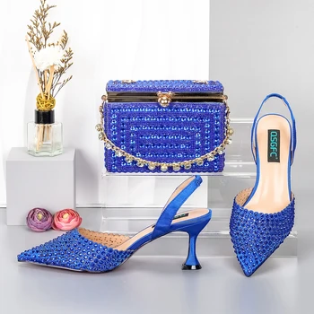 Doershow New Arrival African Wedding Shoes and Bag Set blue Color Italian Shoes with Matching Bags Nigerijos moterų vakarėlis HGG1-37 - Nuotrauka 2  