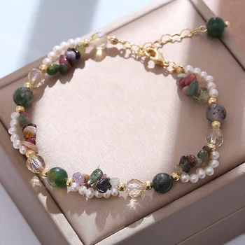 Prancūziška vintažinė klasikinė spalvota natūralaus akmens karoliukų apyrankė moterims Prabangi natūralaus perlų žavesio apyrankė Papuošalų aksesuarai - Nuotrauka 1  