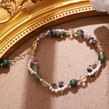 Prancūziška vintažinė klasikinė spalvota natūralaus akmens karoliukų apyrankė moterims Prabangi natūralaus perlų žavesio apyrankė Papuošalų aksesuarai - Nuotrauka 2  
