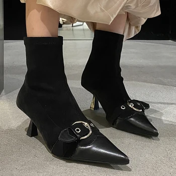 Flock moteriški batai Trumpi modernūs kojinių batai Pumps Rudens smailūs kojų kulniukai Sagtis Dirželis Ponios Tamprūs kulkšnies batai 2023 - Nuotrauka 2  