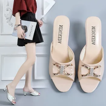 Summer Pu Leather Open Toe Slip On High Heel Shoes Lady Slippers Outdoor Casual Beach Slippers Storas kulnas Slip on Women Sandals - Nuotrauka 1  