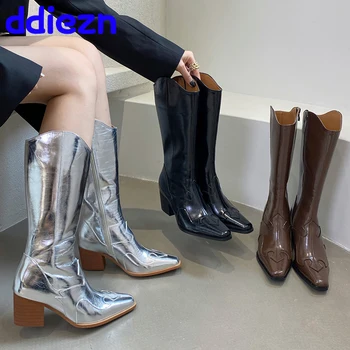 Dizainerių mados užtrauktukai Ladies Knee High Long Boots Shoes Chunky 6CM Heels Avalynė Western New Women Chelsea Batai Batuose - Nuotrauka 1  