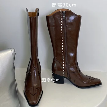 Dizainerių mados užtrauktukai Ladies Knee High Long Boots Shoes Chunky 6CM Heels Avalynė Western New Women Chelsea Batai Batuose - Nuotrauka 2  