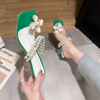 Fashion Pearl Women Slippers Shoes New Summer Mid Heels Flower Flip Flops 2023 Suknelės Sandalai Moterys Bohemia Casual Ladies Slides - Nuotrauka 2  