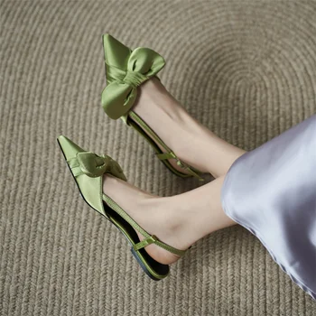 2021 Nauja mada Satin Point Toe Vasarinės basutės Moteriški slingback Flat Heel Shoes Bowtie Green Shoes Chaussure Femme - Nuotrauka 1  