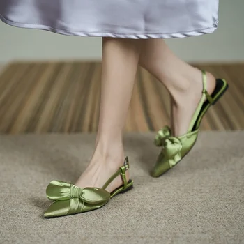 2021 Nauja mada Satin Point Toe Vasarinės basutės Moteriški slingback Flat Heel Shoes Bowtie Green Shoes Chaussure Femme - Nuotrauka 2  