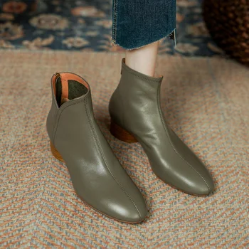 2023 Nauji rudens moteriški batai Apvalus pirštas Stambus kulnas Batai Natūralios odos batai moterims Šiuolaikiniai kulkšnies batai Natūrali oda - Nuotrauka 1  