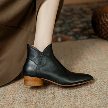 2023 Nauji rudens moteriški batai Apvalus pirštas Stambus kulnas Batai Natūralios odos batai moterims Šiuolaikiniai kulkšnies batai Natūrali oda - Nuotrauka 2  