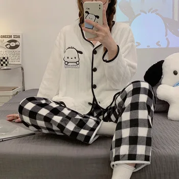 Sanrio Pochacco Kuromi Moteriška pižama Ruduo Žiema Anime Girly Coral Velvet Pižama Sutirštintas animacinis filmas Šiltas megztinis Namų apranga - Nuotrauka 1  