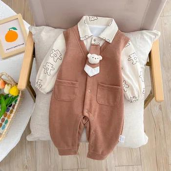 Rudens kūdikių romperiai Džentelmenų drabužiai Mažylis Mielas lokys Patchwork ilgomis rankovėmis kombinezonas Berniukų drabužiai - Nuotrauka 1  