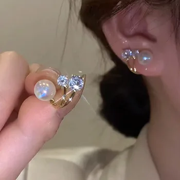 Korėjietiški vintažiniai perlų krištolo imitacijos auskarai moteriškiems papuošalams Aukštos klasės prabangūs apvalūs cirkoniniai auskarai Elegantiški papuošalai - Nuotrauka 1  
