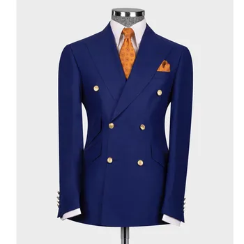 Double Breasted Men Jacket One Piece Blazer Navy Blue Peaked Lapel Golden Button Casual Formal Coat Suit Slim Fit Masculina - Nuotrauka 1  