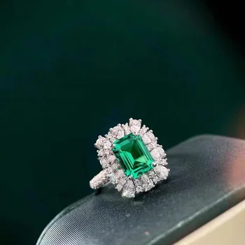 Vintažinė moteriška žalia 4ct kvadratinis smaragdo pjūvis Brangakmenio žiedas Prabangūs papuošalai Žavesys 925 Sidabriniai sužadėtuvių vestuviniai žiedai moterims - Nuotrauka 1  