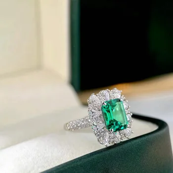 Vintažinė moteriška žalia 4ct kvadratinis smaragdo pjūvis Brangakmenio žiedas Prabangūs papuošalai Žavesys 925 Sidabriniai sužadėtuvių vestuviniai žiedai moterims - Nuotrauka 2  
