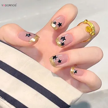 Y2K False Nails Pink Star French Gilt-edged Square Glossy Press on Nails for Stage Wonman Performance Wear - Nuotrauka 1  