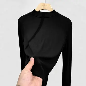 Rudens žiemos moterys Vilna Pagrindiniai apatiniai marškinėliai Kieti paprasti laisvalaikio universalūs drabužiai Mada Šiltos O-Neck ilgomis rankovėmis Viršutinės dalys - Nuotrauka 1  