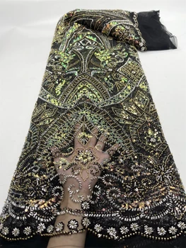 Prabangūs afrikietiški nėriniai karoliukais Tinkliniai blizgučiai Juodo audinio siuvinėjimo vakarėlių suknelės moterims Tiulio audiniai Siuvimas 5Yards metrai JY250 - Nuotrauka 1  