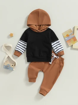 Baby Boy Žieminių drabužių komplektas Spalvų bloko džemperis su gobtuvu ir laisvalaikio kelnių apranga rudeniui - Nuotrauka 1  