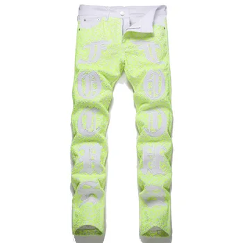 Vasariniai šviesiai žali tinkliniai džinsai Abėcėlės siuvinėjimas Vidurio juosmens tamprumas Plonos kelnės Fashion Street Trend drabužiai - Nuotrauka 1  