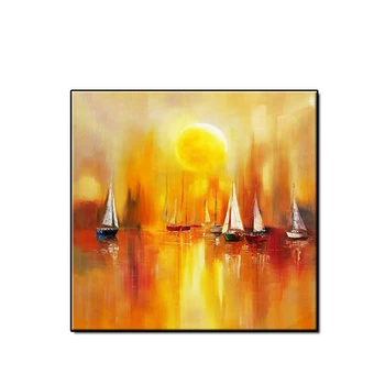 Gražus peizažas saulėlydžio aukso spalva ryški ir burlaivis jūroje Rankų darbo drobė abstrakti aliejinė tapyba sienų meno dekoras be rėmo - Nuotrauka 1  