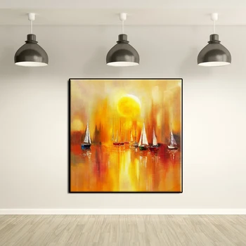 Gražus peizažas saulėlydžio aukso spalva ryški ir burlaivis jūroje Rankų darbo drobė abstrakti aliejinė tapyba sienų meno dekoras be rėmo - Nuotrauka 2  