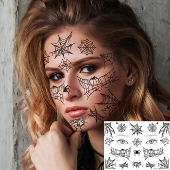 Helovino veido makiažo tatuiruočių lipdukai, voratinklio laikinos tatuiruotės vyrams moterims, netikros tatuiruotės, atsparios vandeniui Helovino vakarėliui - Nuotrauka 2  